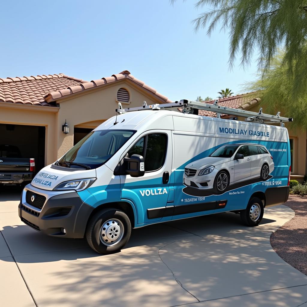 Mobile auto glass replacement service van parked in a residential area in Mesa.