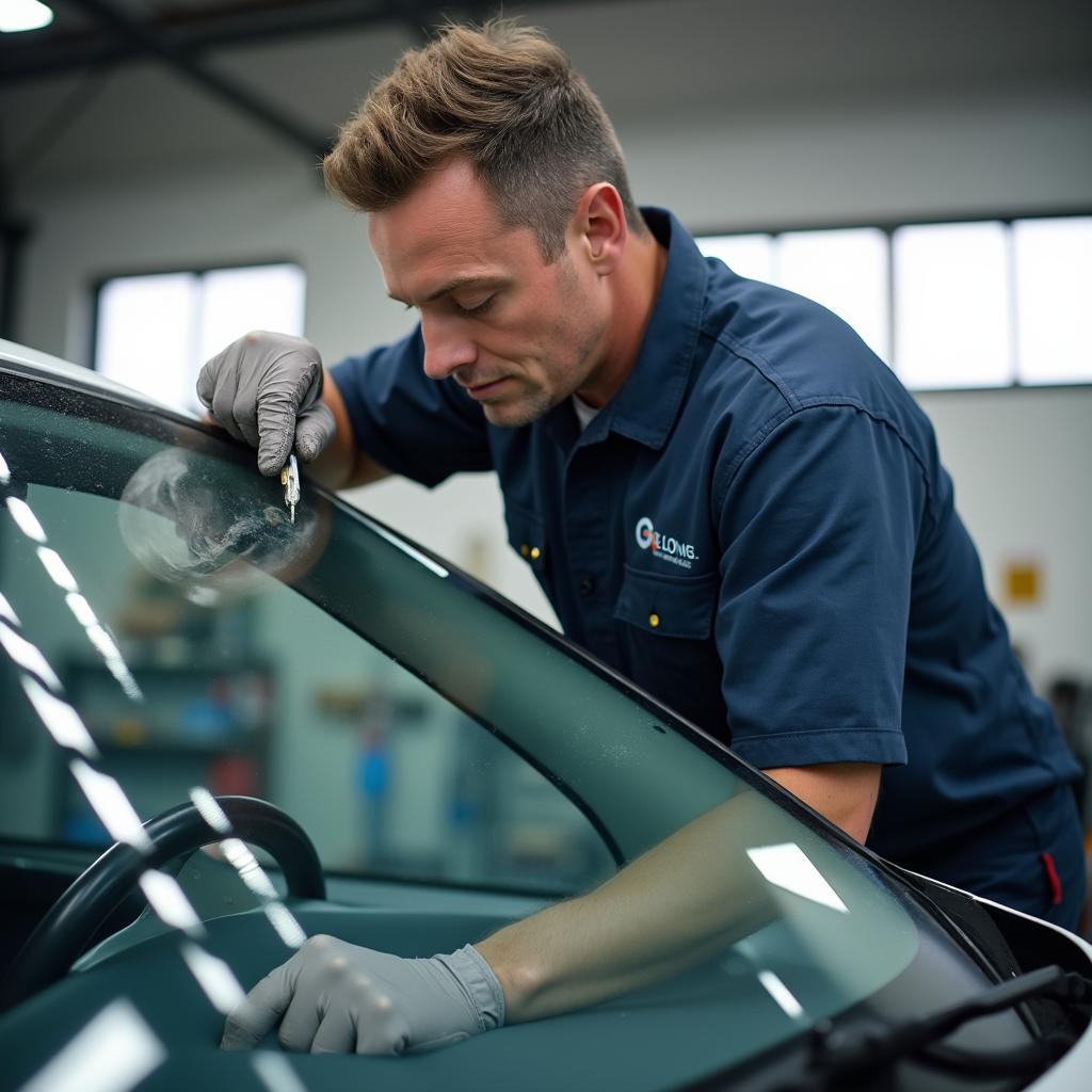 Mobile Auto Glass Technician Repairing Windshield