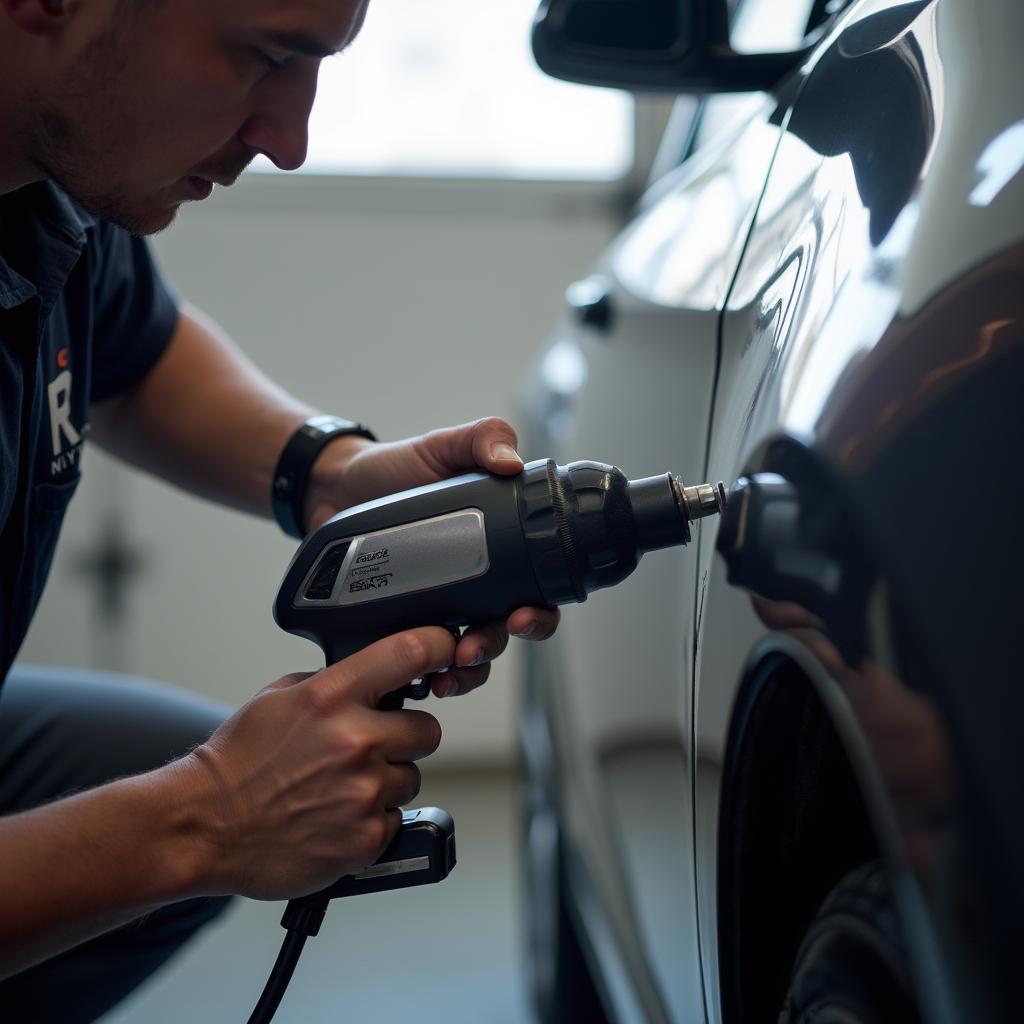 Mobile dent repair technician working on a car dent.