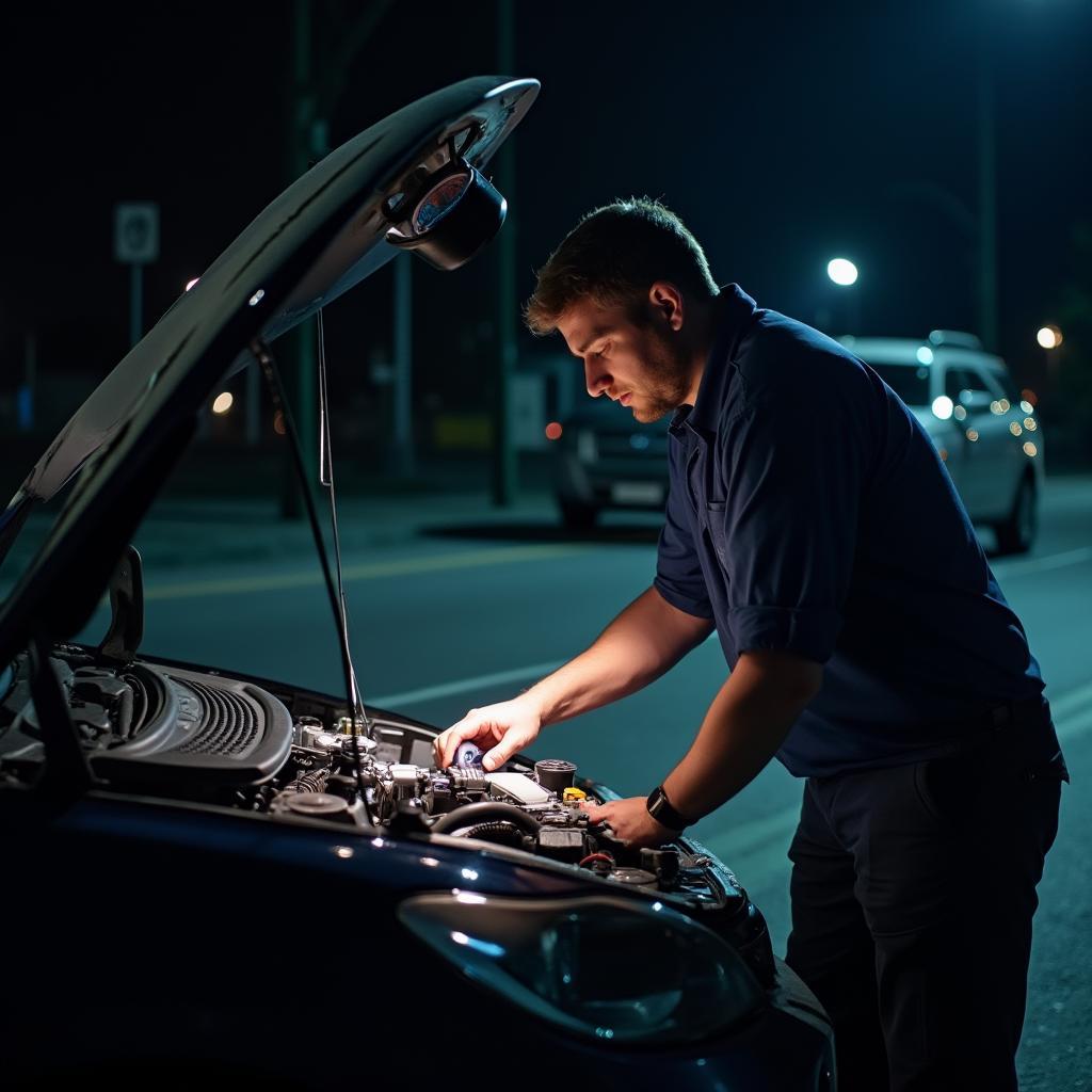  Mobile Mechanic Performing Engine Repair at Night 