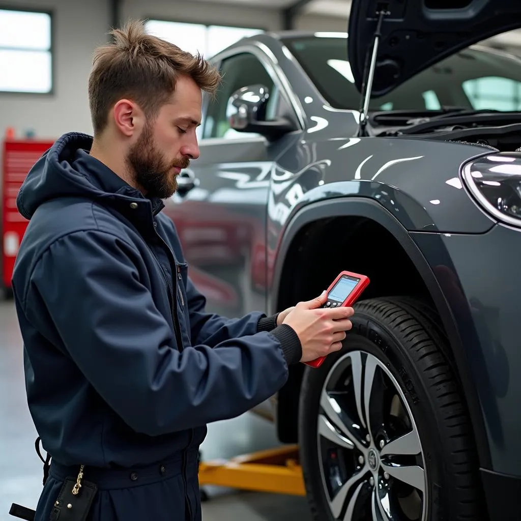 Mobile mechanic working on a car engine.