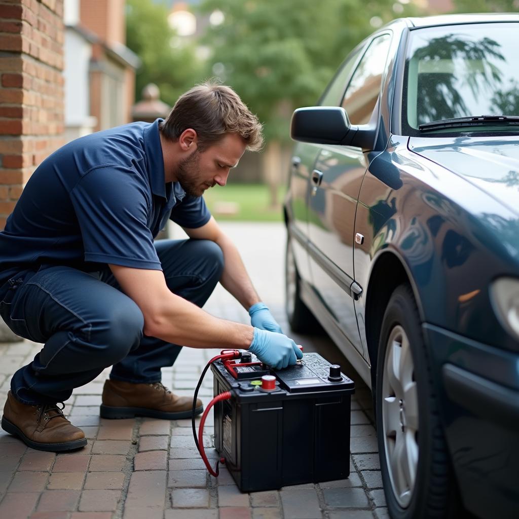 Mechanic Replacing Car Battery on Site