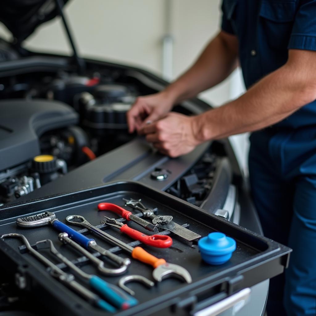 Mobile Mechanic Working on a Car