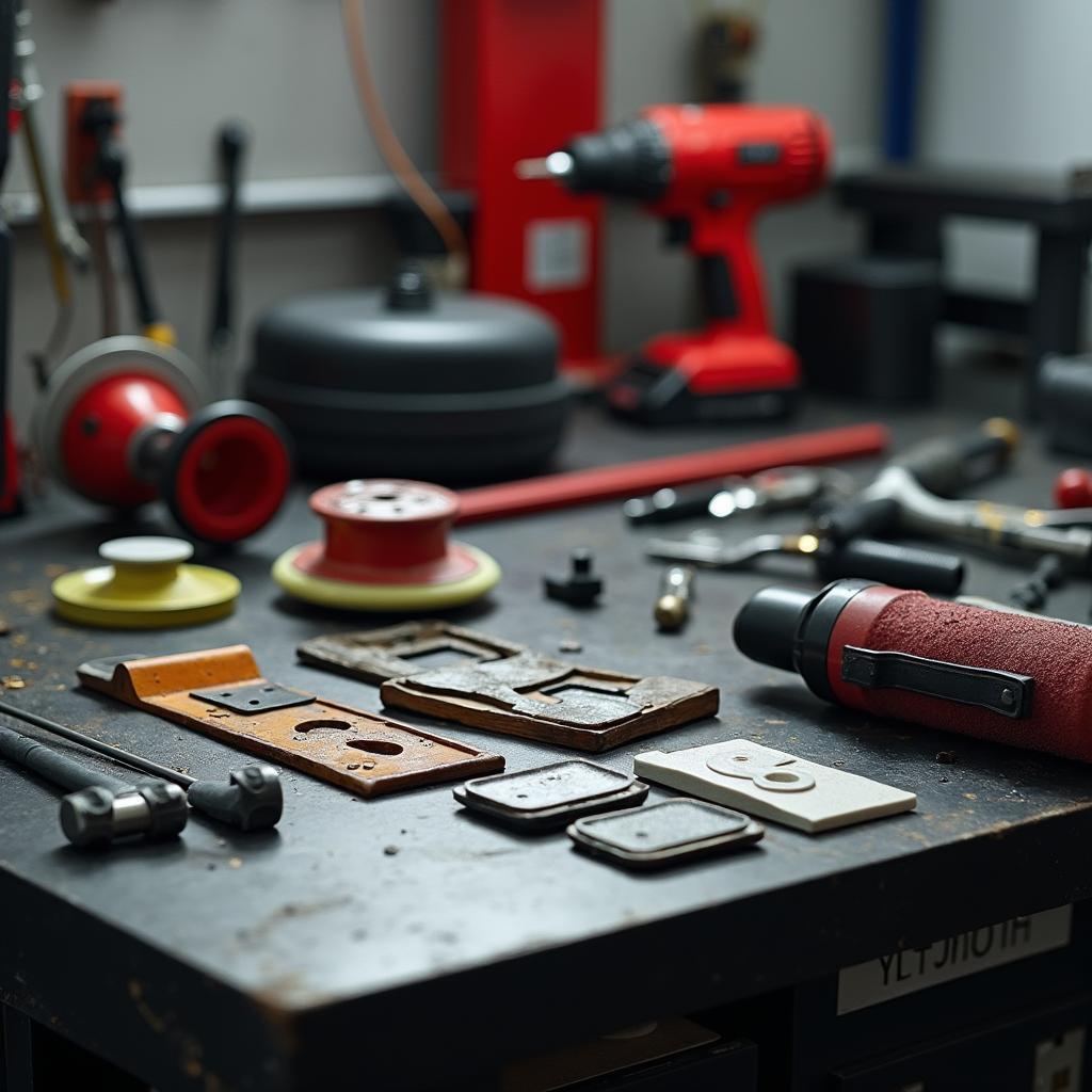 Close-up of tools used by a mobile repair technician for dent and bumper repair.