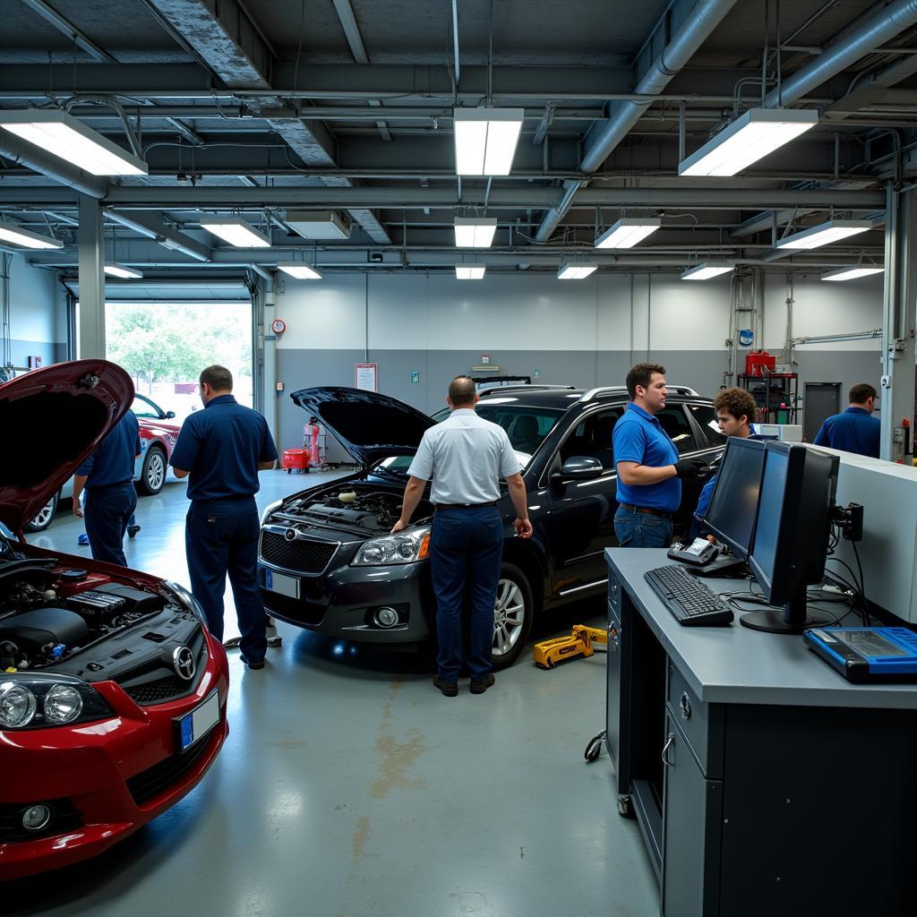 Modern auto repair shop with mechanics working in the background