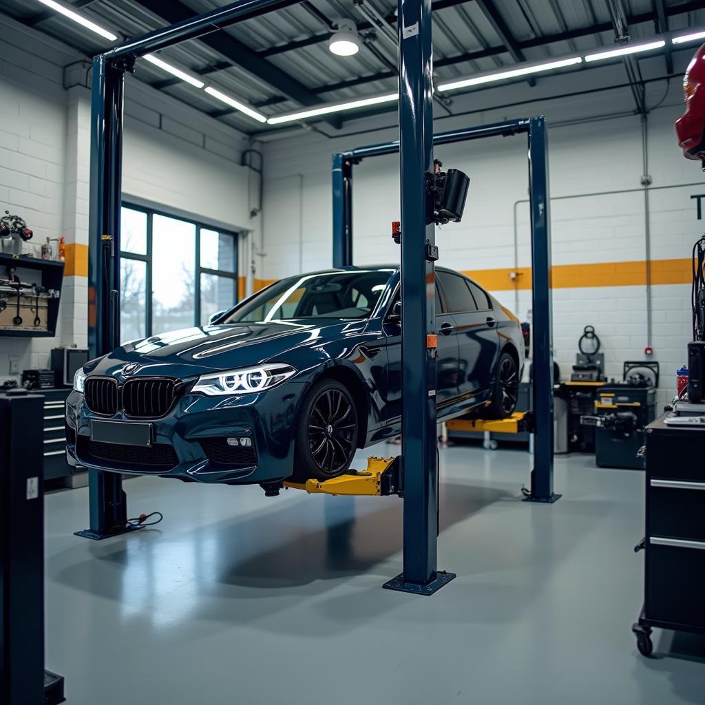 A car on a lift in a modern auto repair shop, surrounded by specialized tools and equipment.