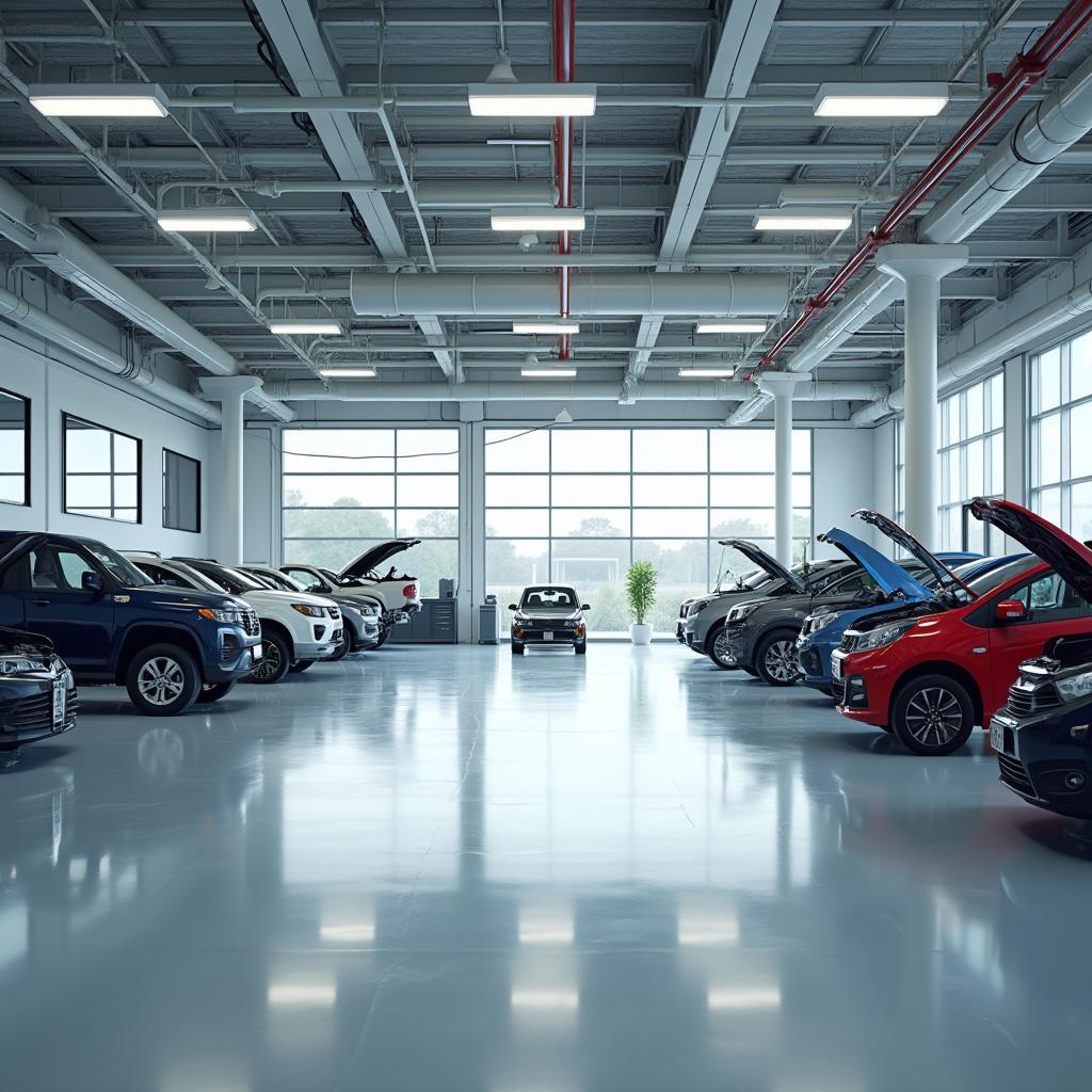 Modern auto service center interior with vehicles on lifts