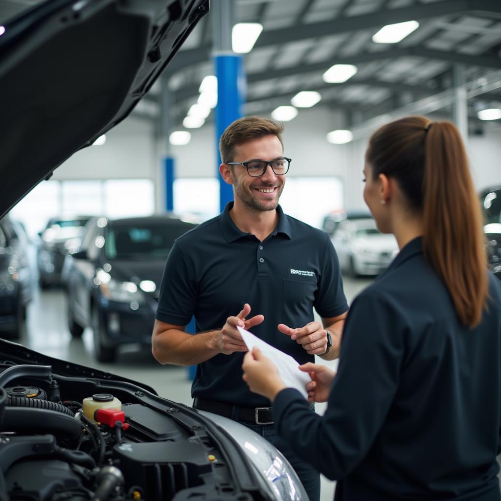 Modern auto service shop interior with a customer talking to a service advisor