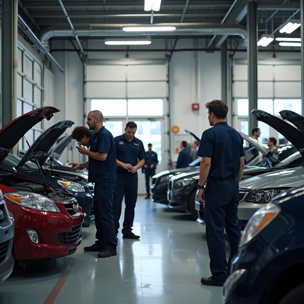 Modern Auto Shop Interior with Students and Instructor