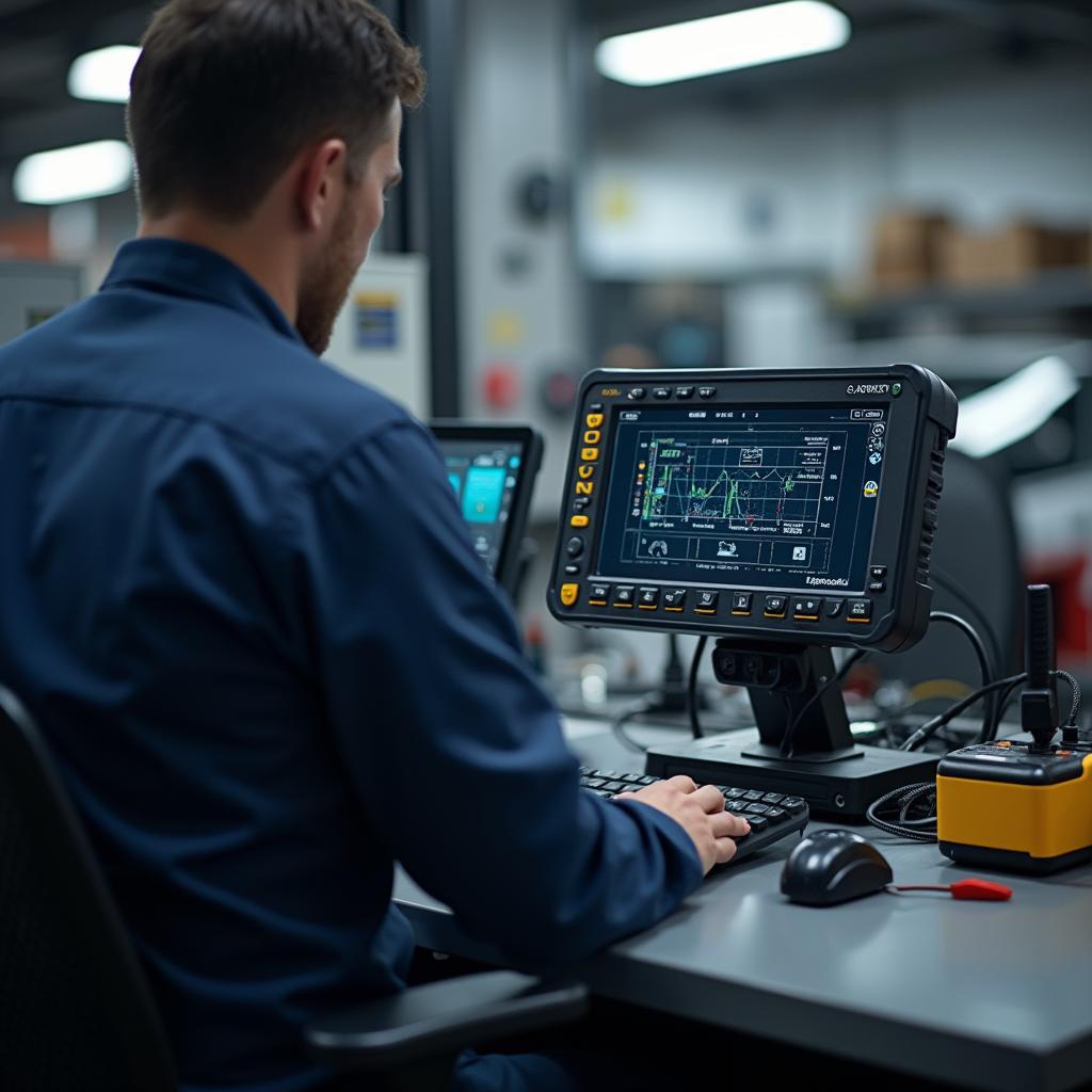 Modern car diagnostic equipment being used to identify a vehicle issue.