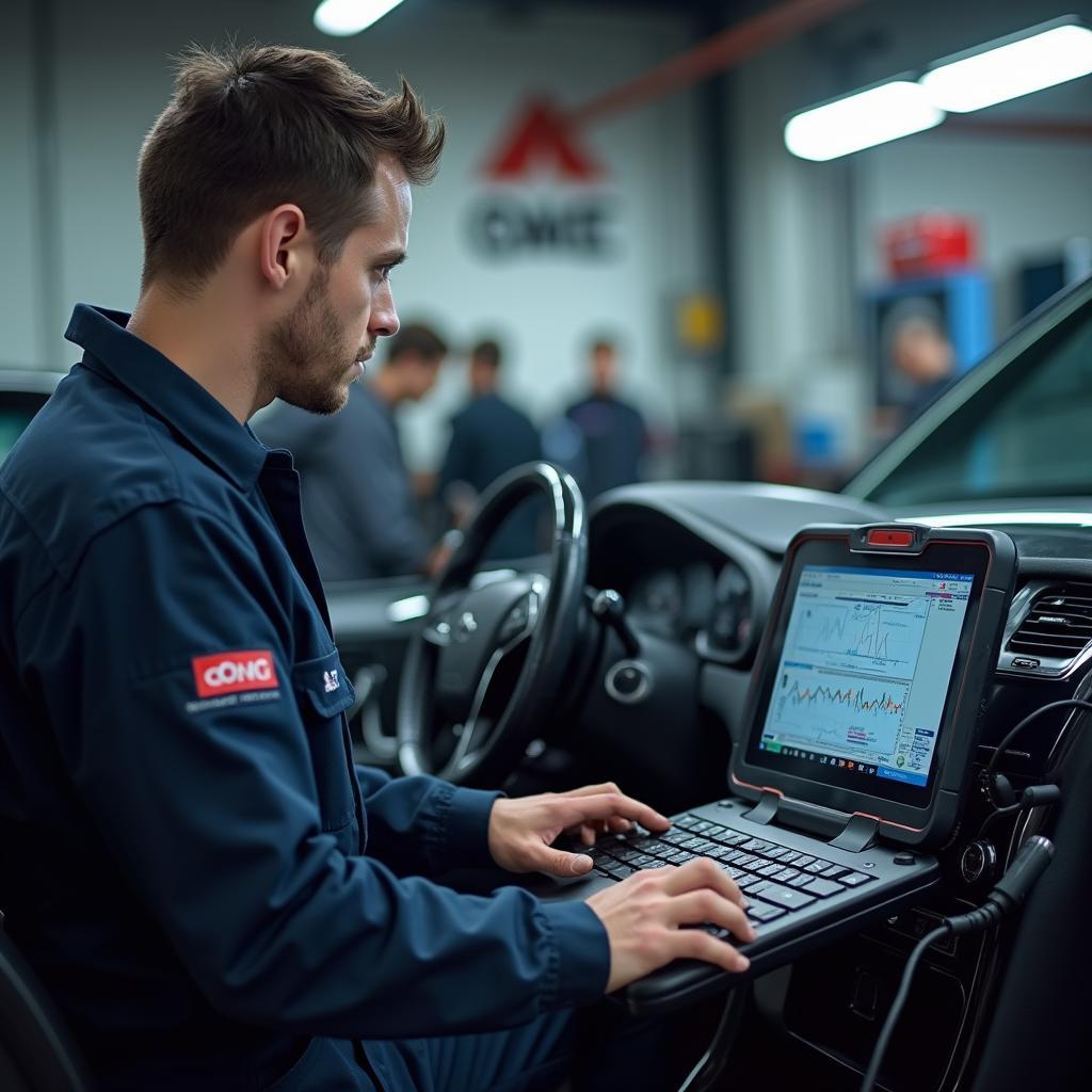 Mechanic using modern car diagnostic equipment