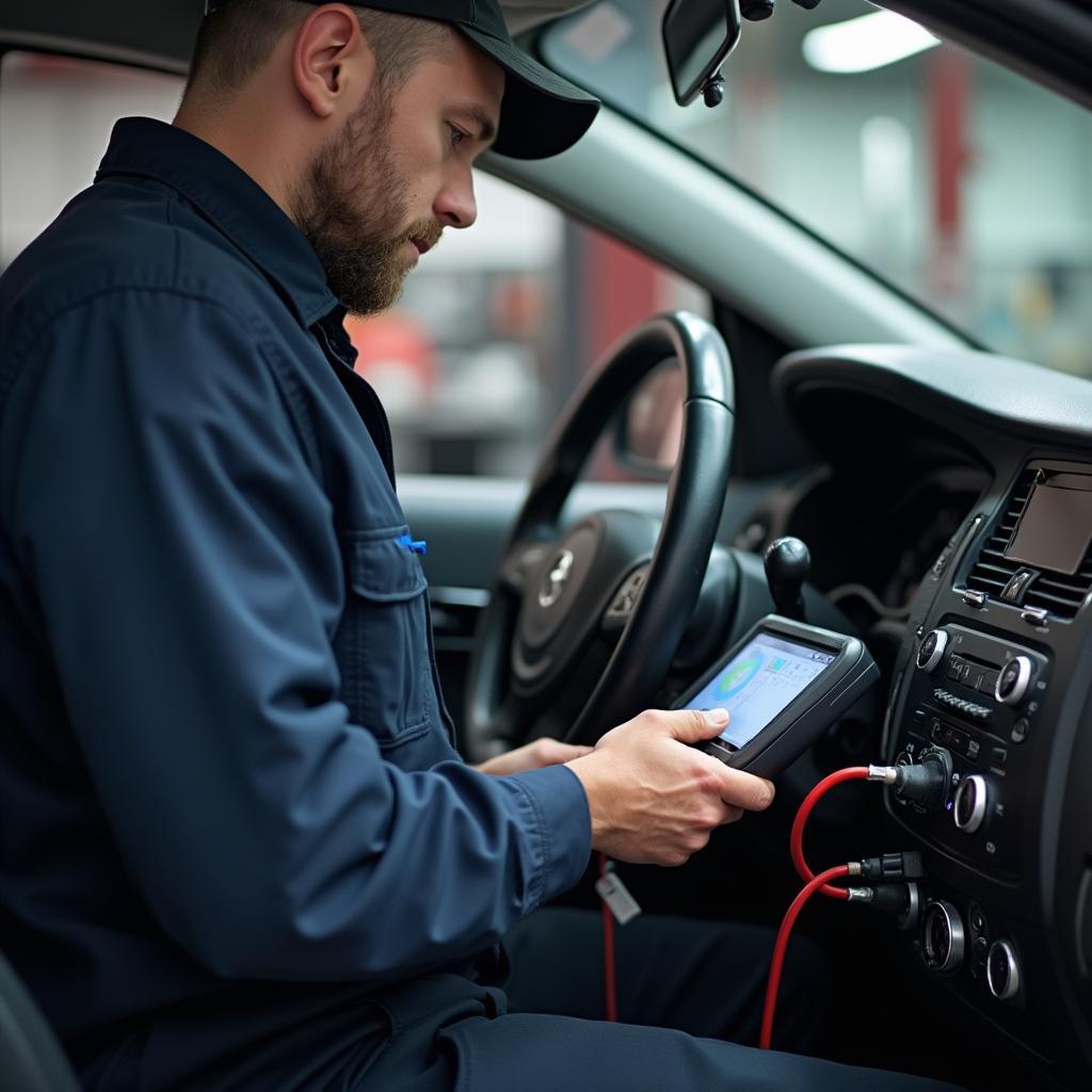 Mechanic Using Advanced Diagnostic Tool on Car