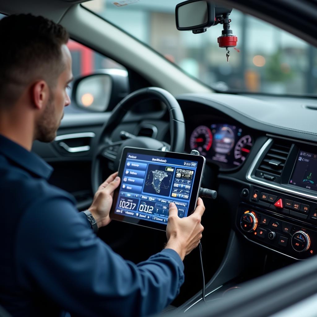 Modern car diagnostic equipment in use