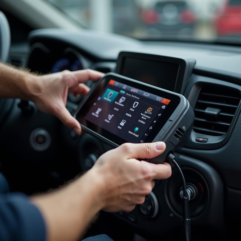 Modern car diagnostic equipment being used in an Atlantic Auto Service garage in Brooklyn.