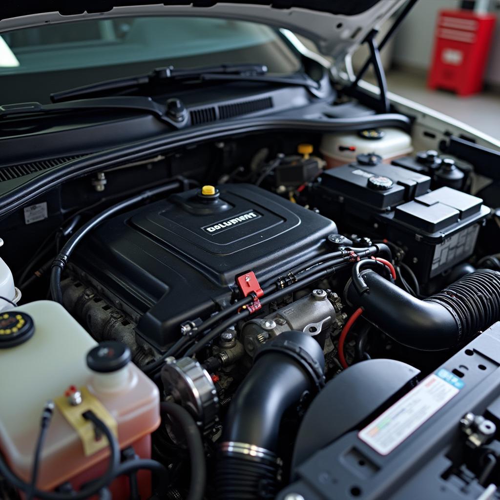 Close-up of a modern car engine compartment showcasing its complexity