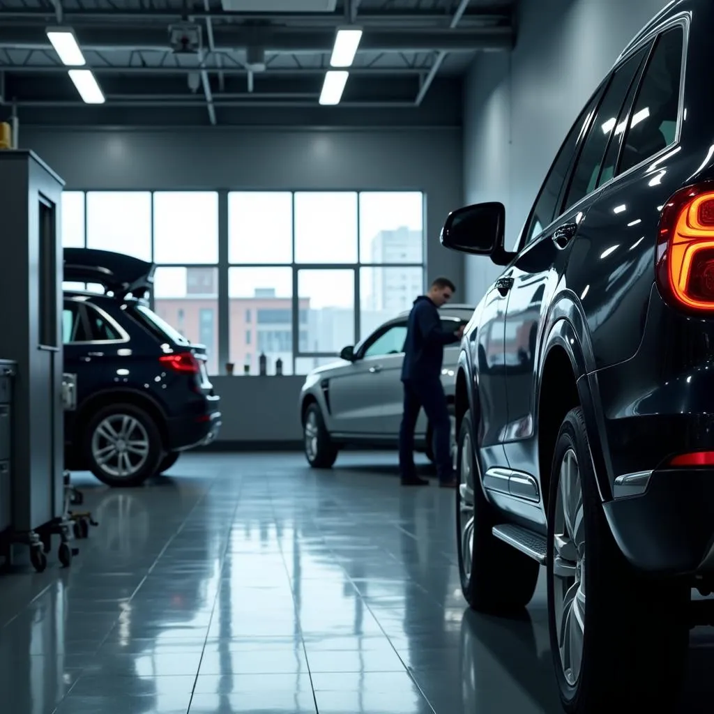 A modern car repair shop showcasing a clean, organized space equipped with advanced diagnostic and repair equipment.