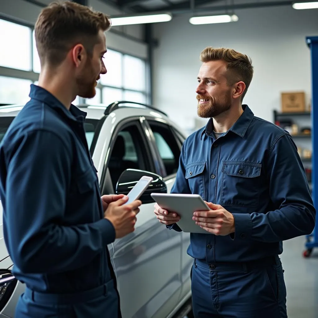  Modern car service center with a mechanic and customer discussing car repair.