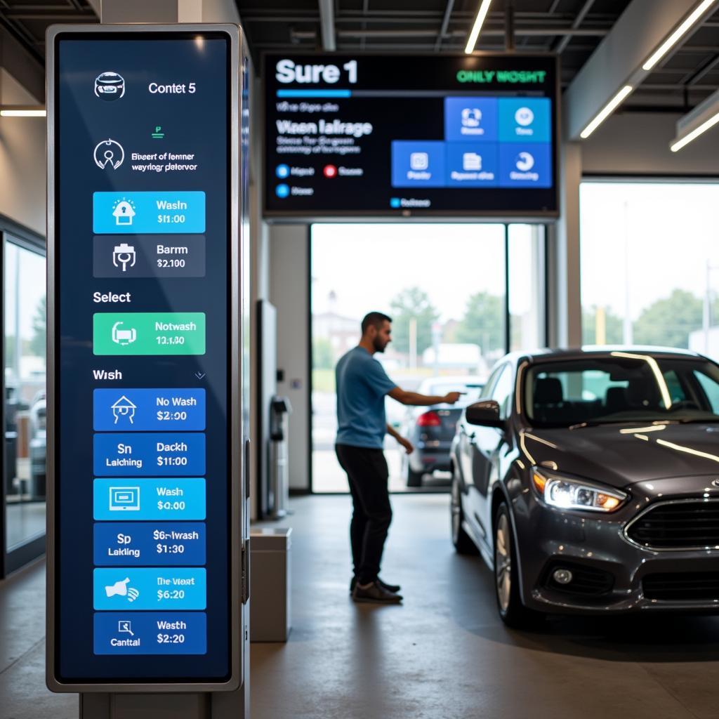 Modern car wash with digital signage and online booking kiosk