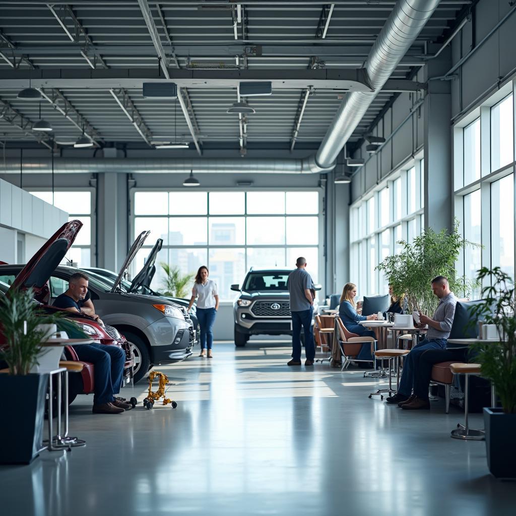 Interior of a Mopar service center with cars being serviced.