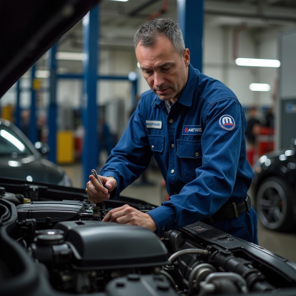 Mopar technician working on a car engine.