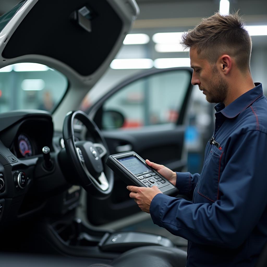 Mechanic using a diagnostic tool on a car