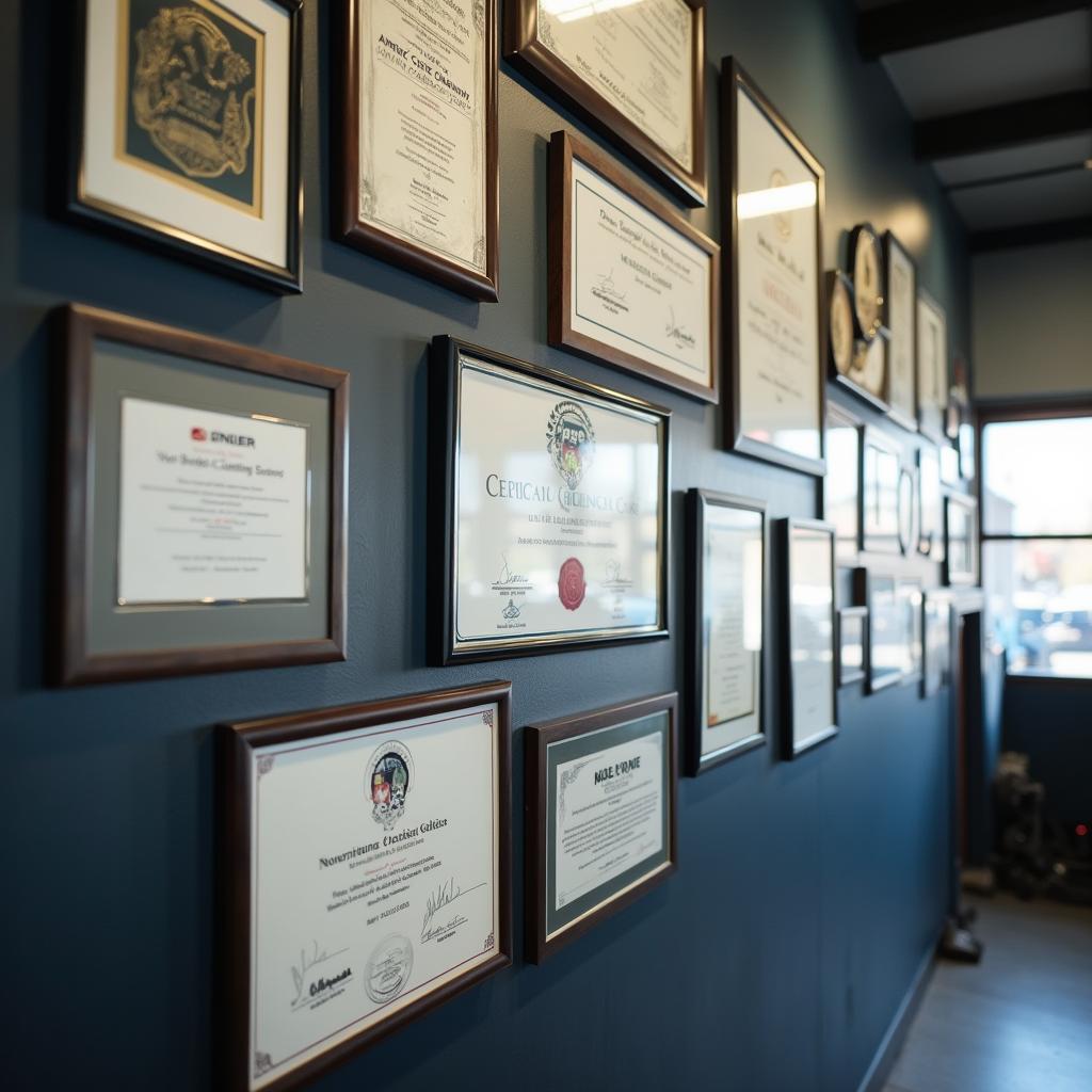 Wall of an auto shop displaying various mechanic certifications