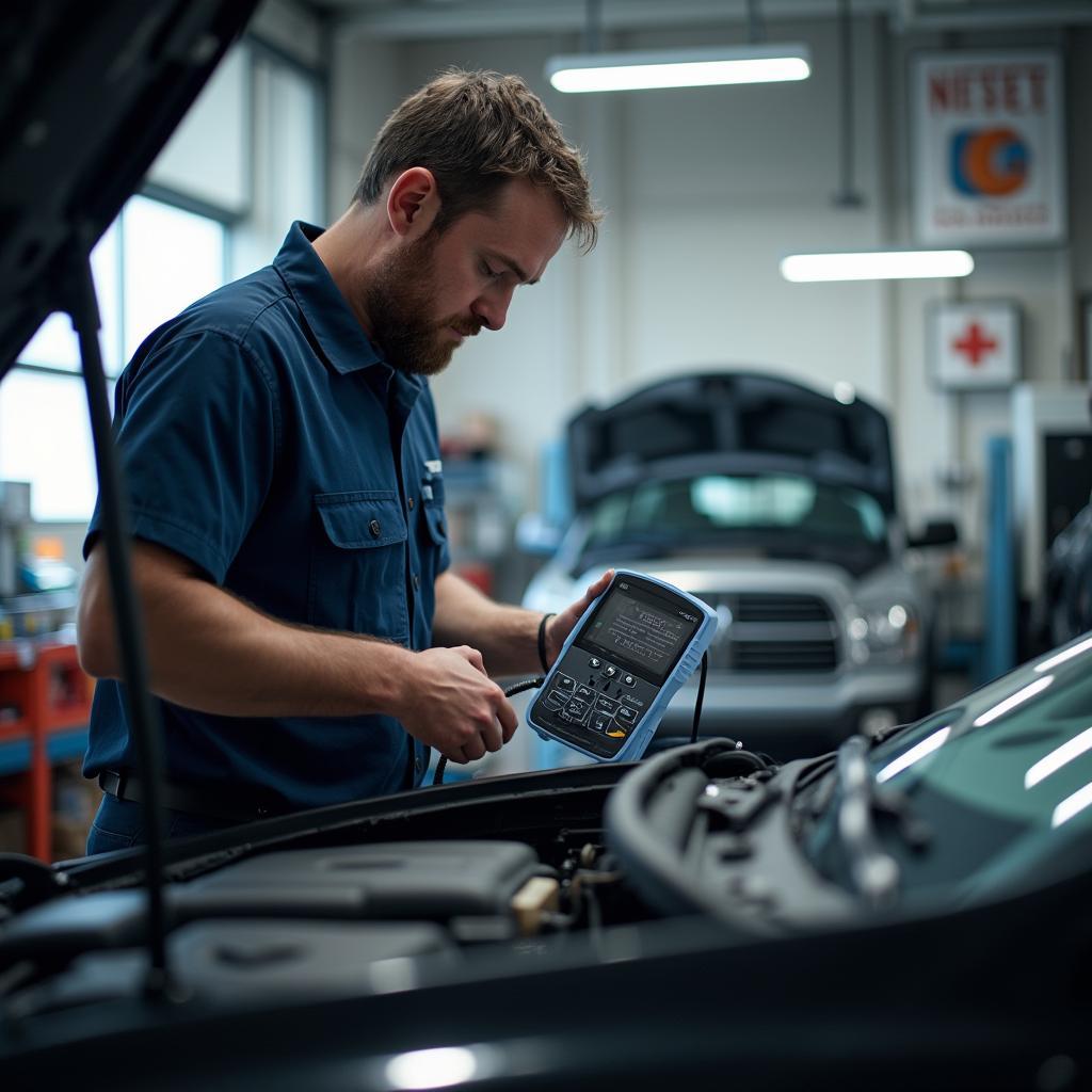 Mechanic using a diagnostic tool on a car engine