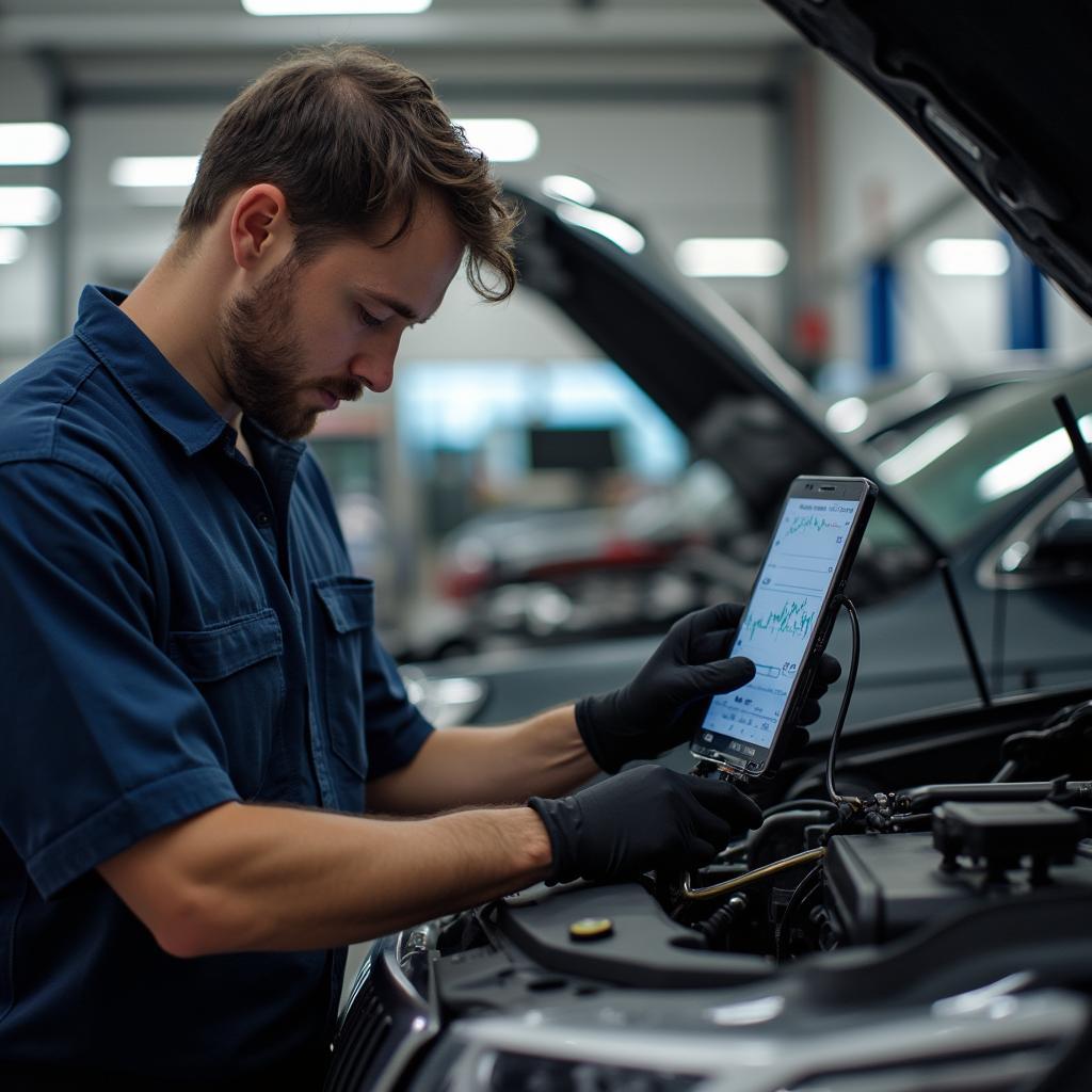 Naperville auto mechanic using a diagnostic tool