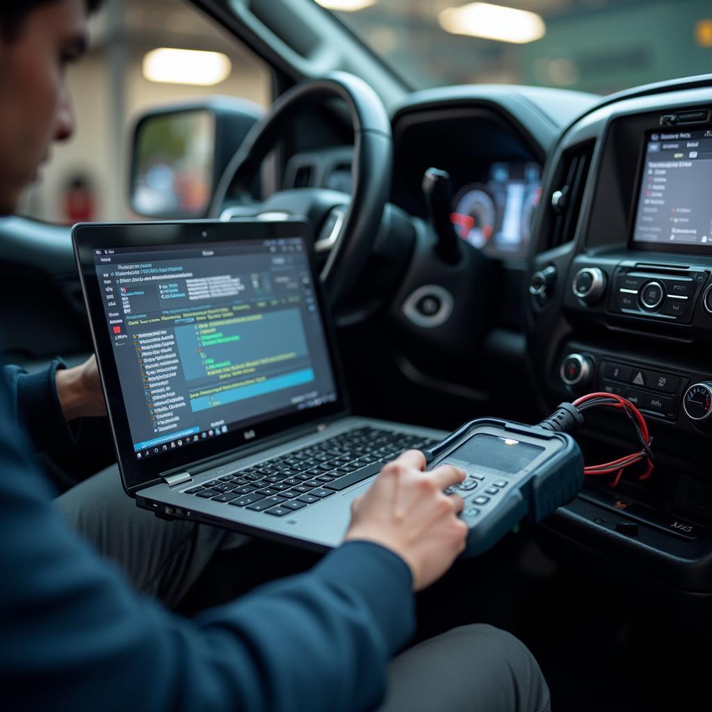  Mechanic Using Diagnostic Tool on a Pickup Truck in Naples