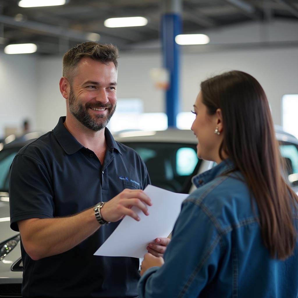 Customer speaking to a service advisor at a Nash auto service