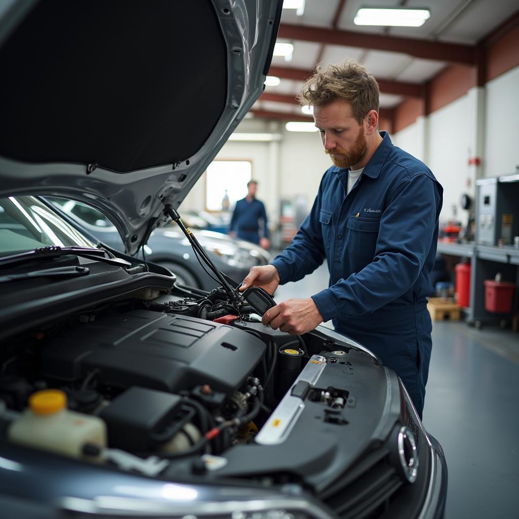 Mechanic Inspecting Car in Nashua NH Garage