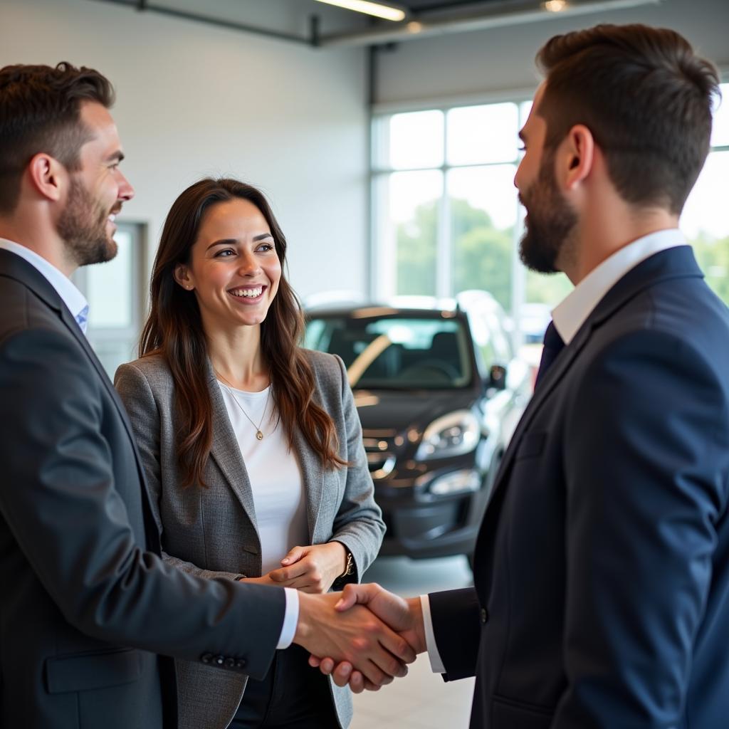 New Car Purchase: Showing a happy couple buying a new car at a dealership.