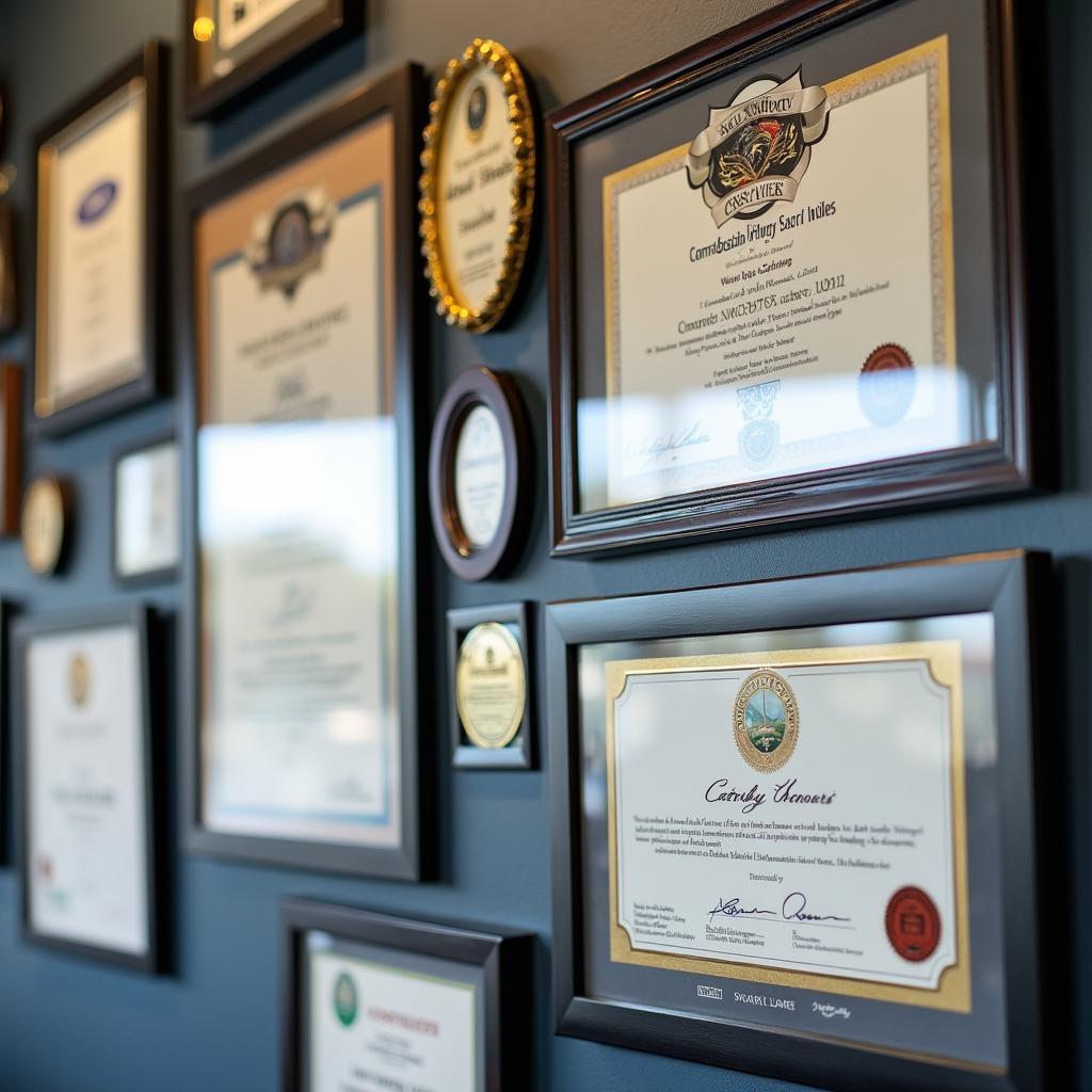 Wall of Certifications and Awards at an Auto Service Shop in New Jersey