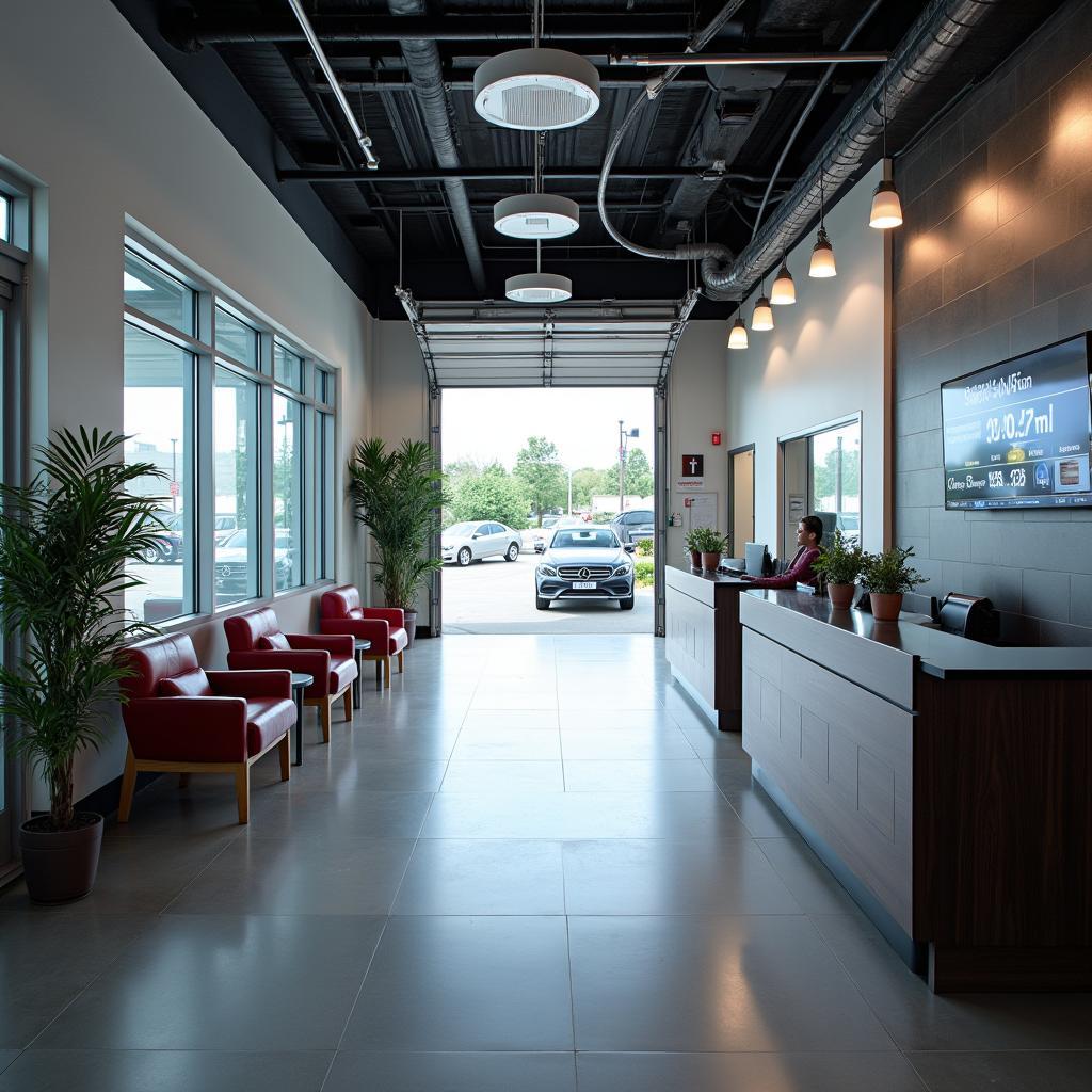 Modern auto service center interior with customer lounge