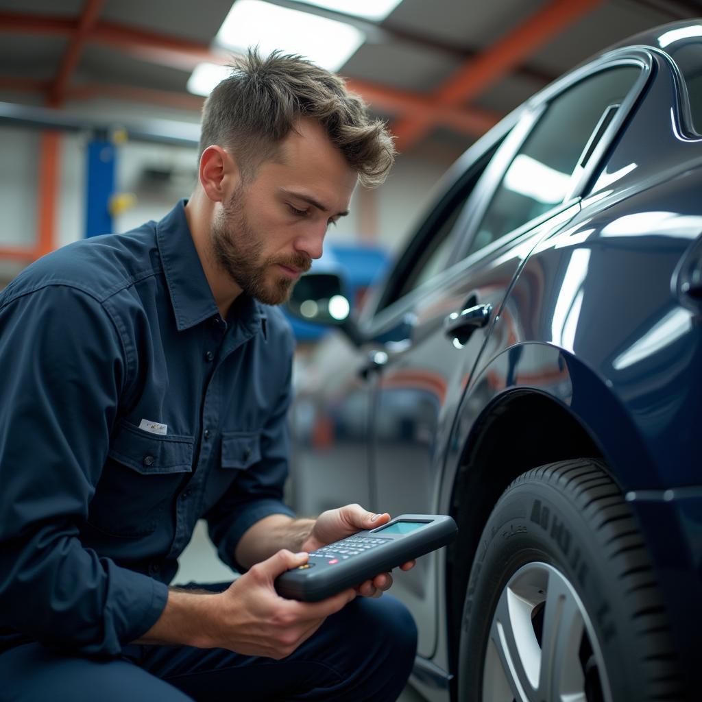 Skilled technician using diagnostic equipment on a car