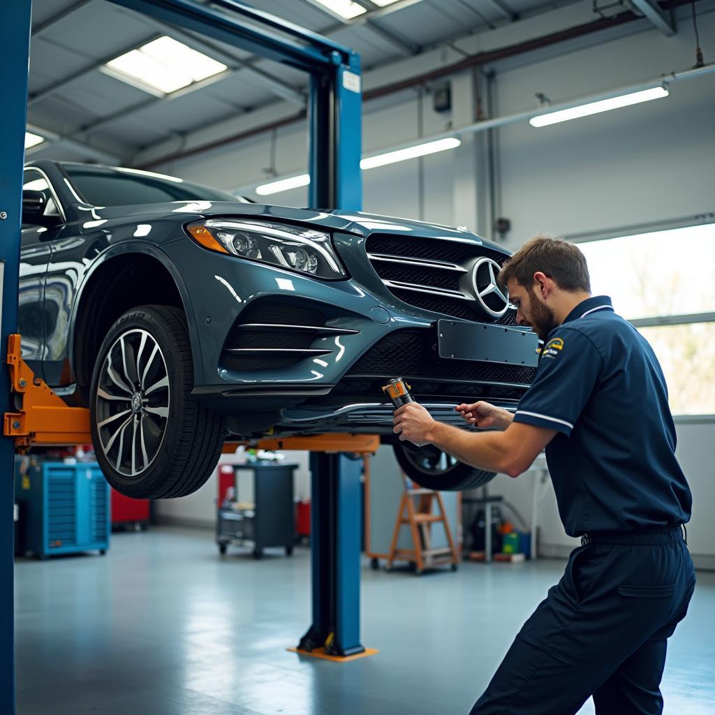 Car undergoing transmission service on a lift at a North Shore auto shop