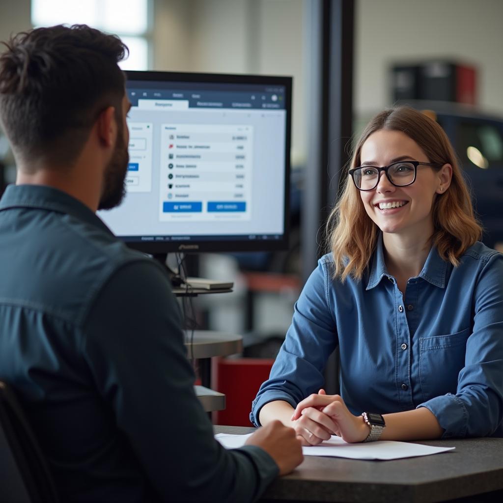 Nottingham car repair customer service representative discussing repair options with a customer