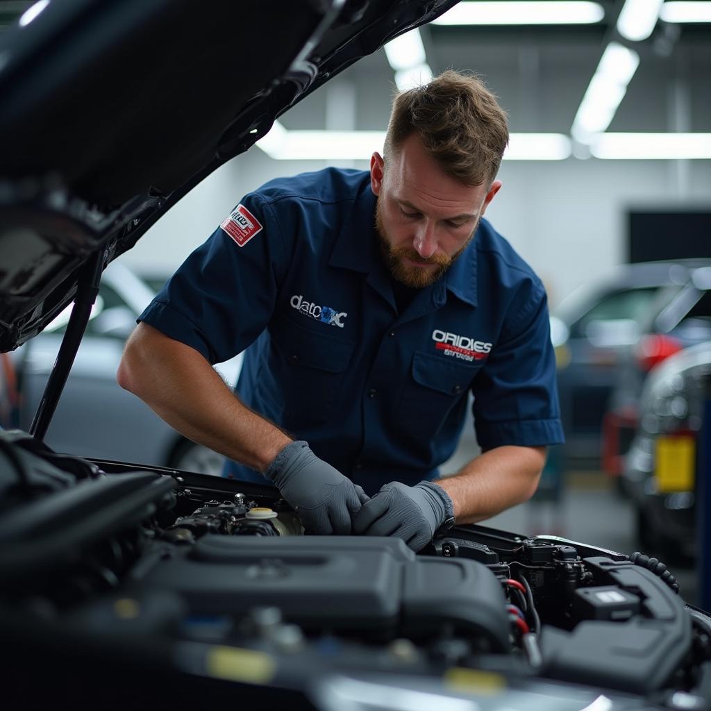 Skilled mechanic using specialized tools for car repair