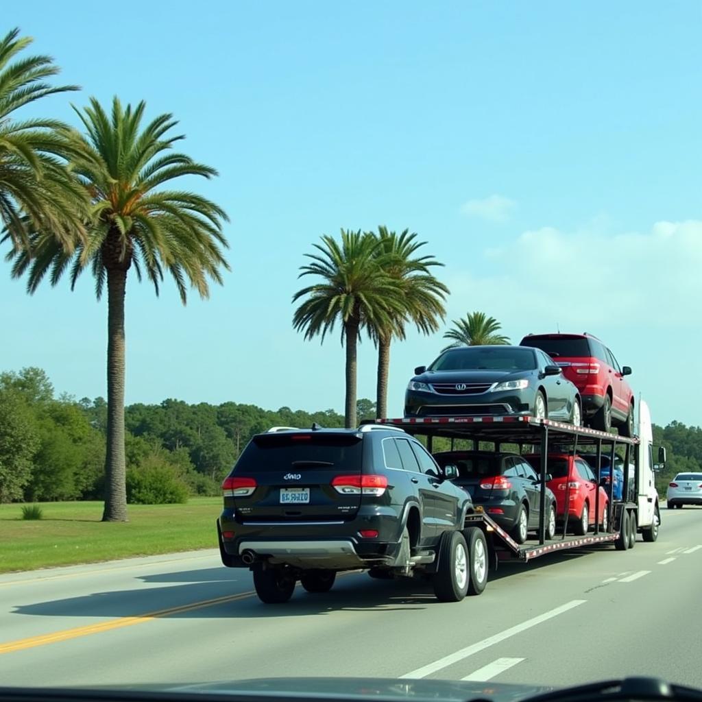 Auto transport carrier heading north on I-95 from Florida to New Jersey