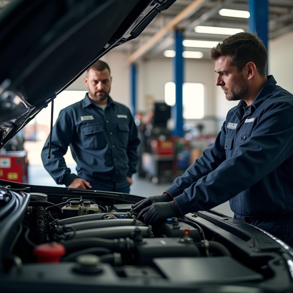 Mechanic performing a car inspection on Old Mountain Rd