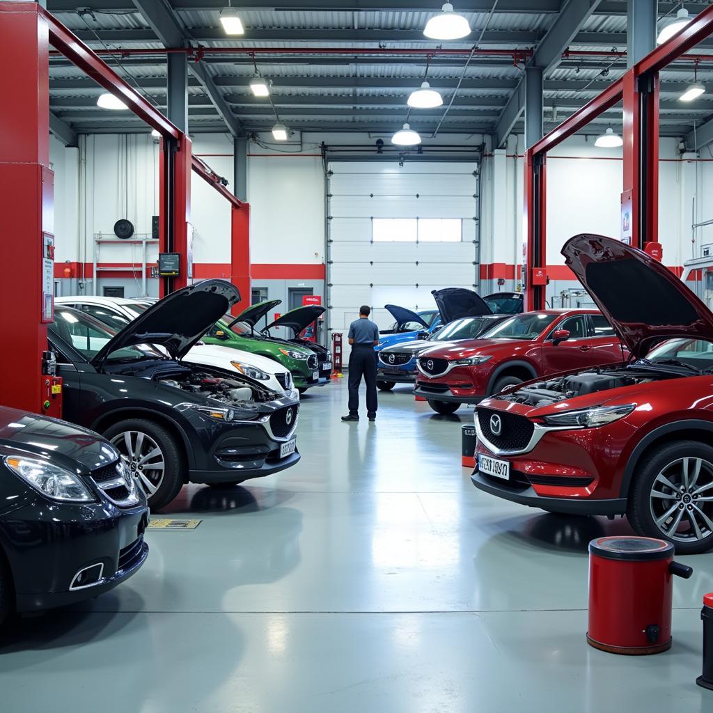 Modern auto service center with various service bays.