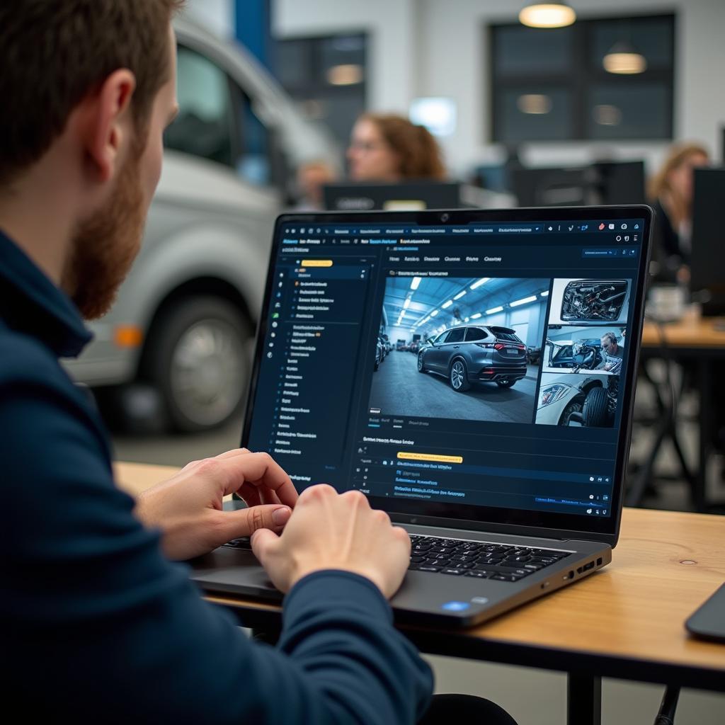 Person using a laptop to search for auto repair information