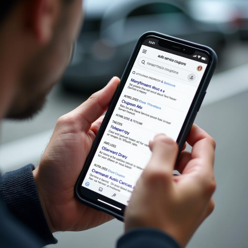Person searching for "auto service coupons Bellevue" on their phone