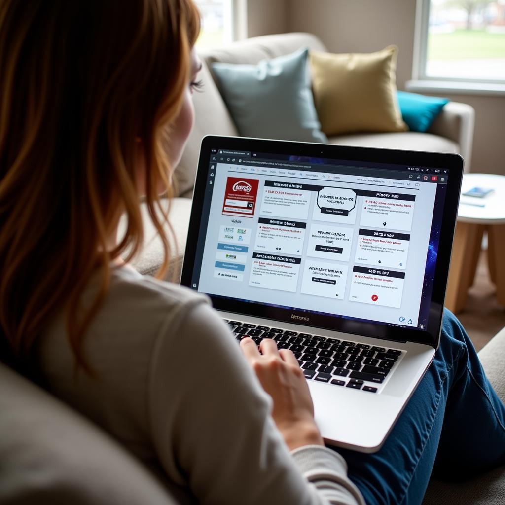 Woman searching for auto service coupons on her laptop