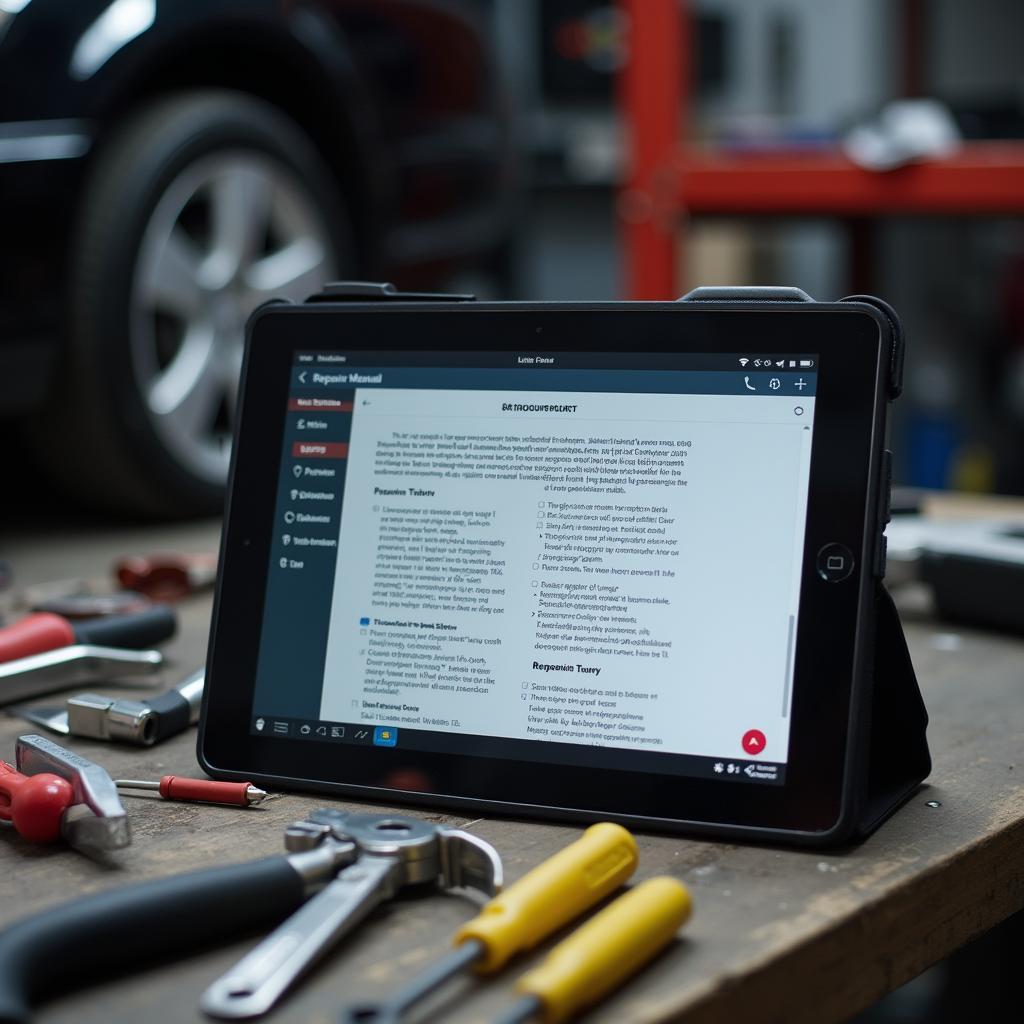 Online Repair Manual on Tablet in Garage