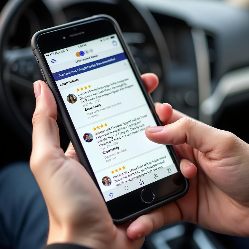 Customer reading online reviews for auto repair services on a smartphone