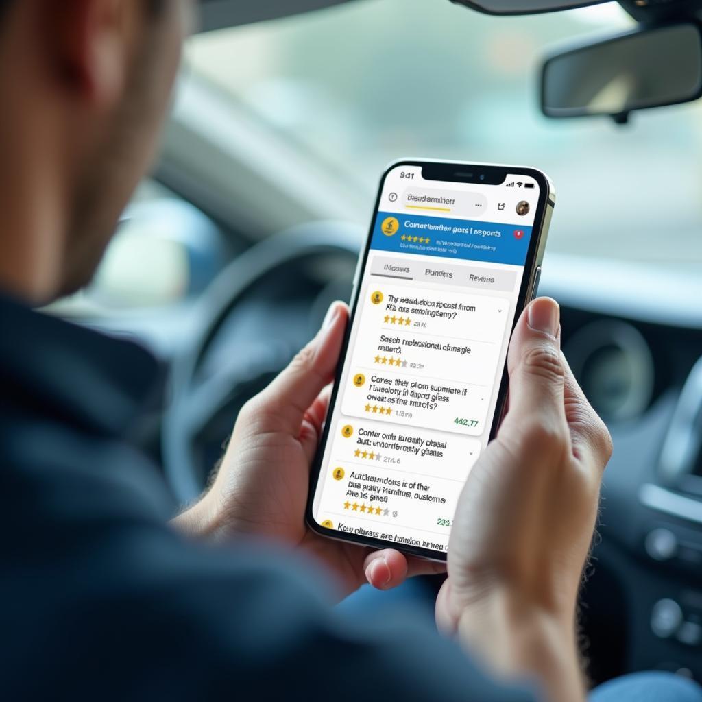 Smartphone displaying online customer reviews for auto glass services