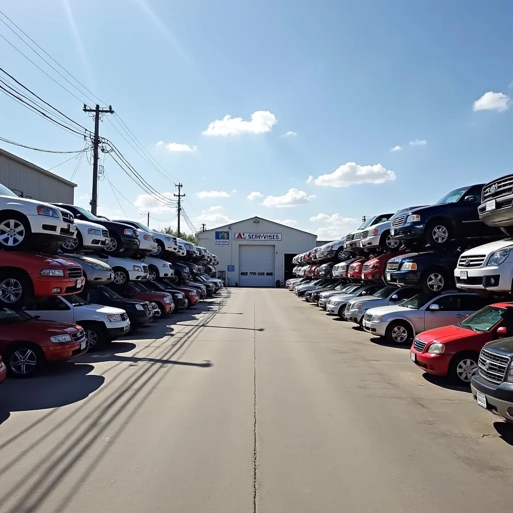 Organized salvage yard with rows of cars