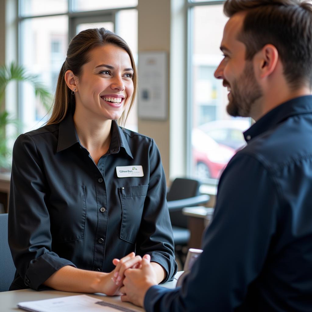 Friendly customer service representative assisting a customer