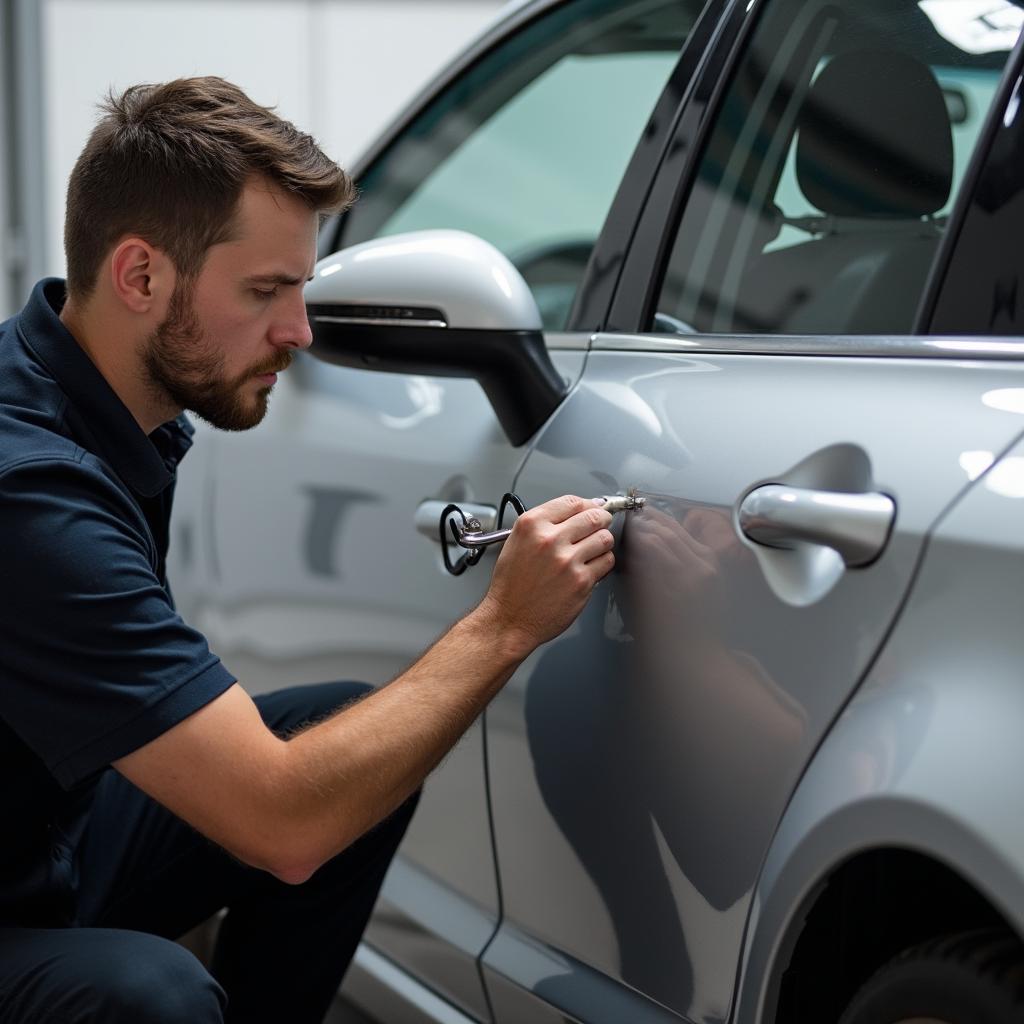 Technician Performing Paintless Dent Repair